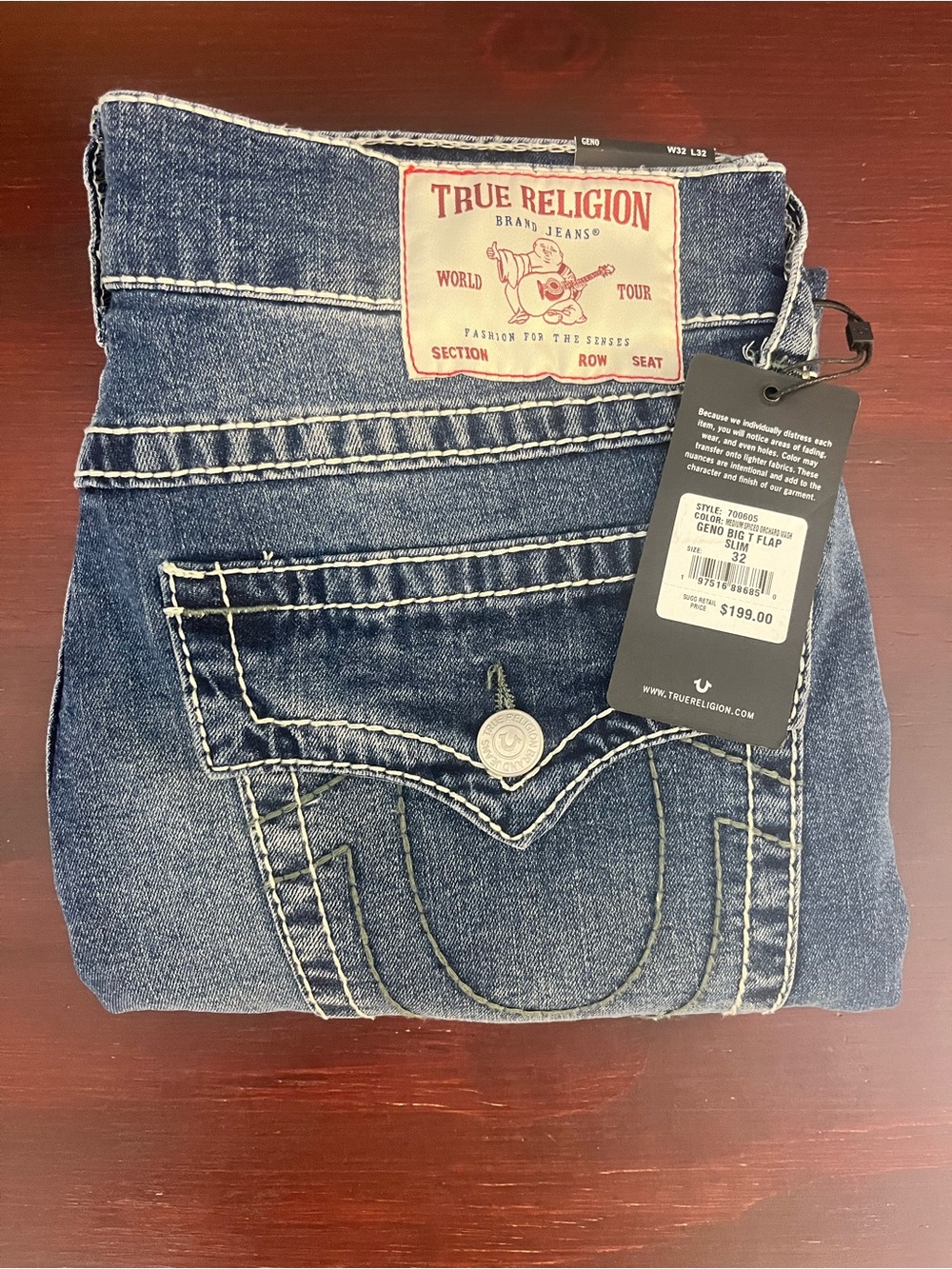 True Religion Geno Jeans Men's 32x32 Flap Big T Relaxed Slim Denim Green Stitch